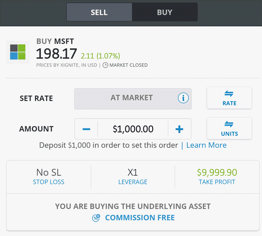 stock order screen eToro